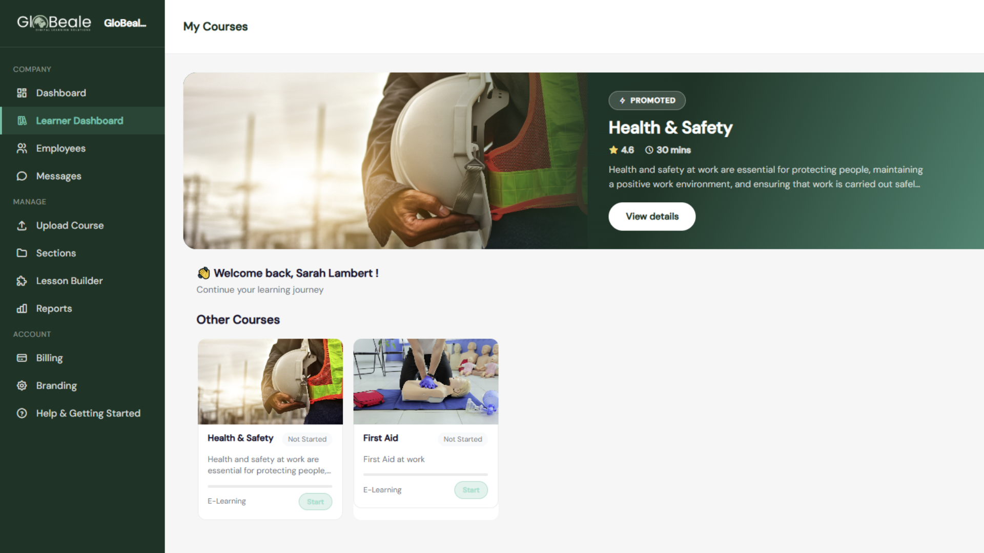 An employee's home dashboard showing their assigned courses and progress