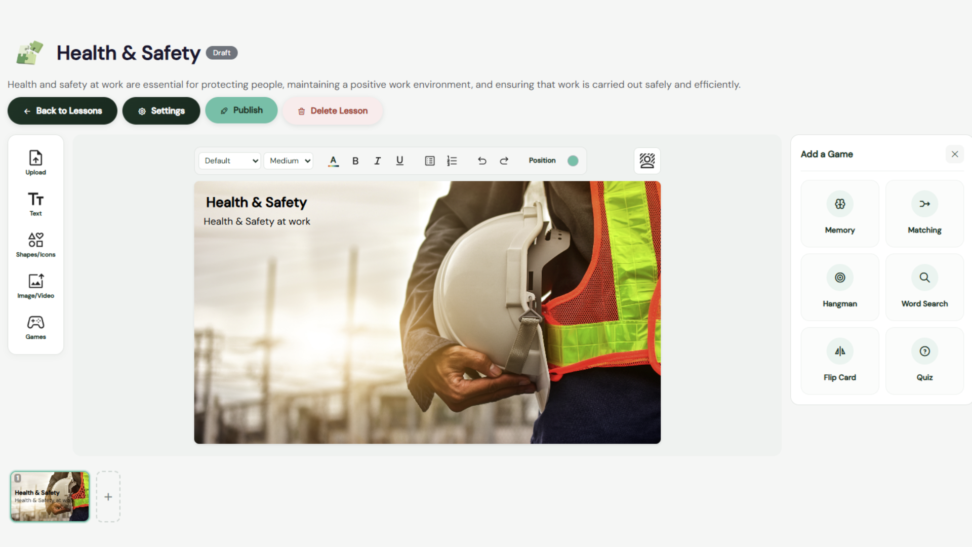 The GloBeale Lesson Builder editor, showing a slide being designed